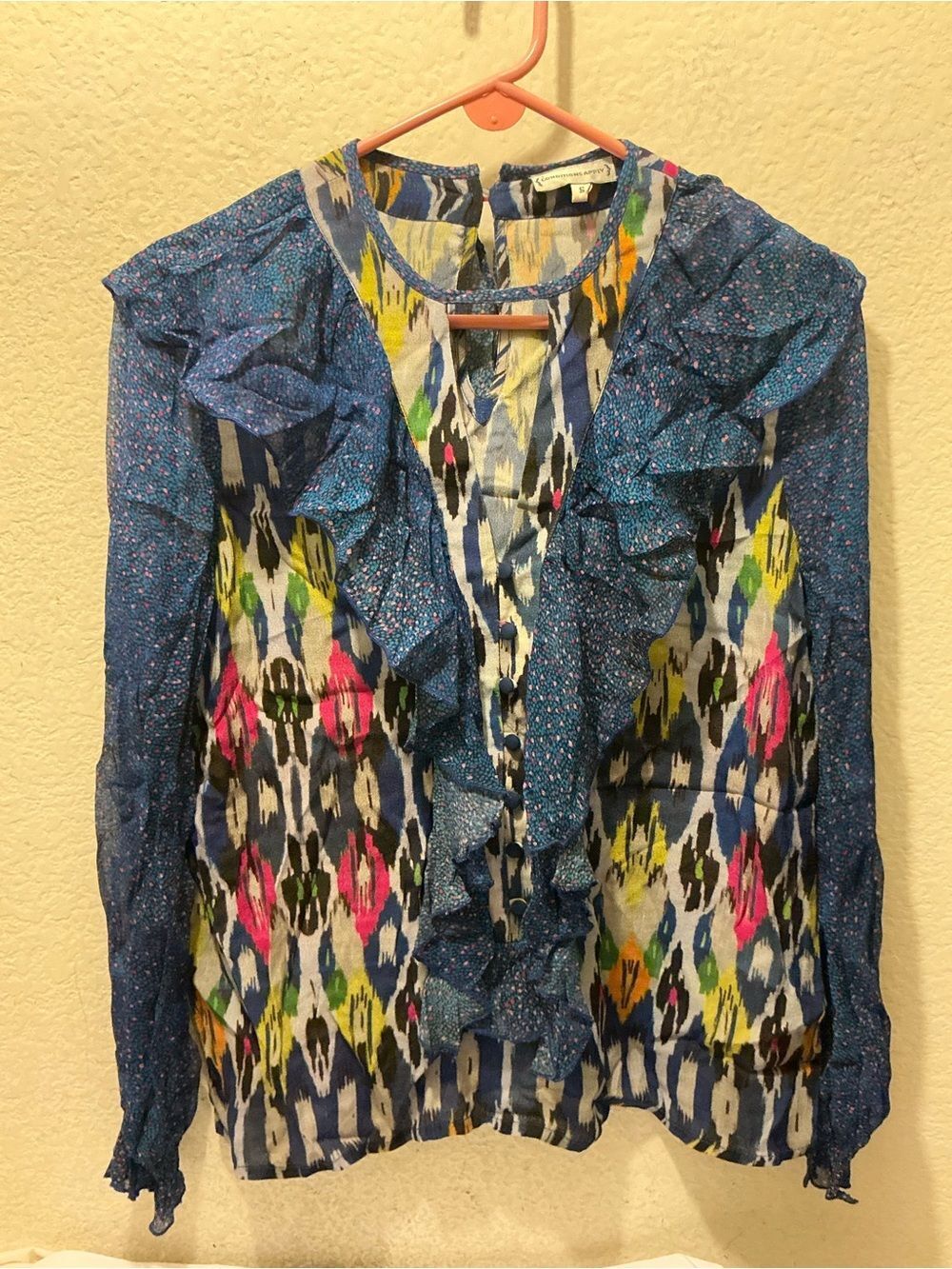 Anthropologie conditions apply Blue Multicolor Ruffled Blouse size S